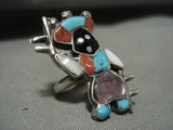 Rare Vintage Zuni Dancing Turquoise Kachina Coral Native American Jewelry Silver Ring-Nativo Arts