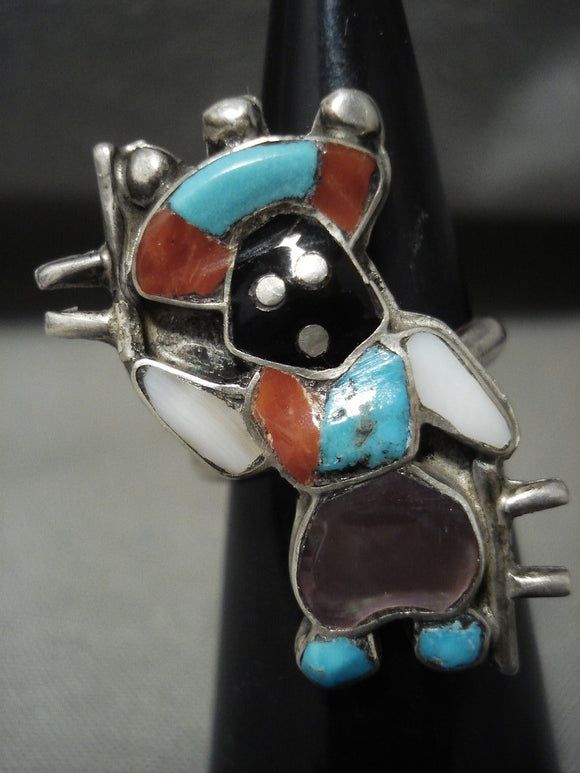Rare Vintage Zuni Dancing Turquoise Kachina Coral Native American Jewelry Silver Ring-Nativo Arts