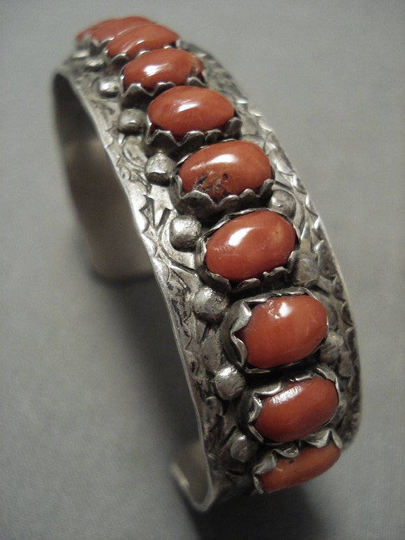Rare Vintage Zuni 'Domed Coral' Native American Jewelry Silver Cloud Sterling Bracelet-Nativo Arts
