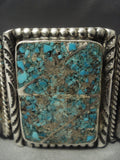 Rare Wide Vintage Navajo Old Inlay 106 Grams Turquoise Native American Jewelry Silver Bracelet-Nativo Arts