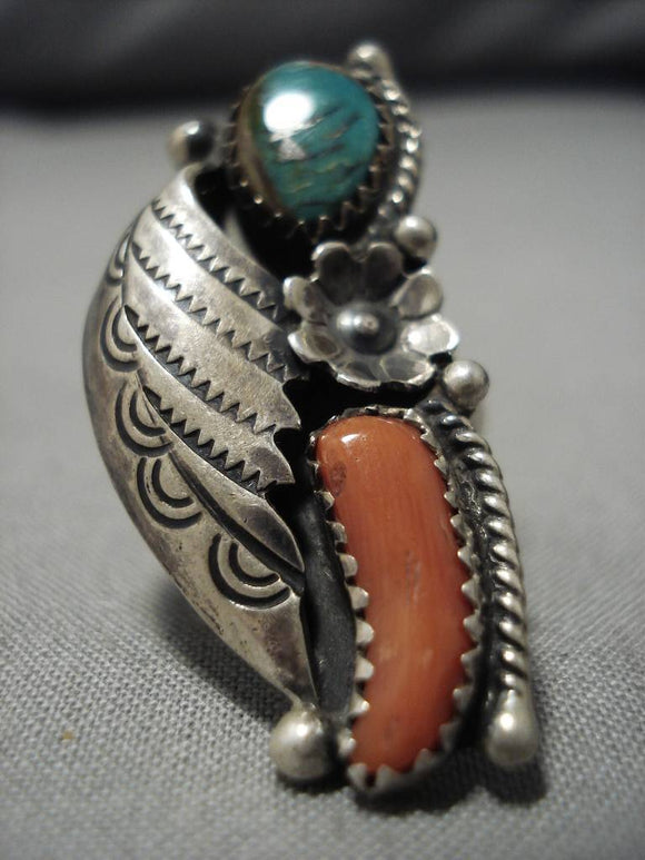 Remarkable Chunky Coral Vintage Native American Navajo Sterling Silver Ring Old-Nativo Arts
