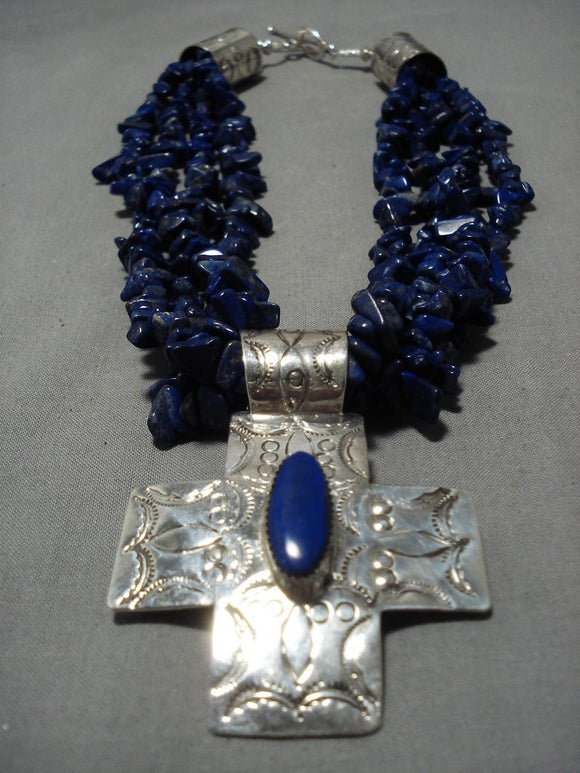 Remarkable Vintage Native American Navajo Sterling Silver Kw Yazzie Lapis Necklace Old-Nativo Arts