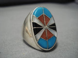 Remarkable Vintage Native American Zuni Inlay Turquoise Cly Sterling Silver Ring Old-Nativo Arts