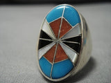 Remarkable Vintage Native American Zuni Inlay Turquoise Cly Sterling Silver Ring Old-Nativo Arts