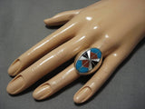 Remarkable Vintage Native American Zuni Inlay Turquoise Cly Sterling Silver Ring Old-Nativo Arts