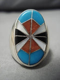 Remarkable Vintage Native American Zuni Inlay Turquoise Cly Sterling Silver Ring Old-Nativo Arts