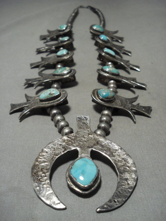 Reserved for Susan-Museum Vintage Navajo Hammered Sterling Native American Jewelry Silver Turquoise Squash Blossom Necklace-Nativo Arts