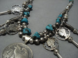 Reverse Silver Coin Vintage Native American Jewelry Navajo Sterling Turquoise Squash Blossom Necklace-Nativo Arts
