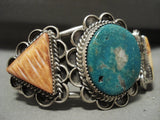 So Unique! Vintage Navajo Pilot Nnt Turquoise Spiny Oyster Native American Jewelry Silver Bracelet Old-Nativo Arts