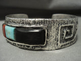 Spectacular Navajo 'Duel Technique' Turquoise Coral Native American Jewelry Silver Wood Bracelet-Nativo Arts