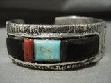Spectacular Navajo 'Duel Technique' Turquoise Coral Native American Jewelry Silver Wood Bracelet-Nativo Arts
