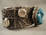 SPIDERWEB THEME ""STONE AND CUFF"" VINTAGE SILVER BRACELET OLD-Nativo Arts
