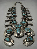 Stormy Mountain Turquoise Vintage Native American Navajo Sterling Silver Squash Blossom Necklace-Nativo Arts