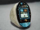 Striking Intricate! Native American Jewelry Navajo Turquoise Coral Kachina Sterling Silver Ring-Nativo Arts