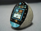 Striking Intricate! Native American Jewelry Navajo Turquoise Coral Kachina Sterling Silver Ring-Nativo Arts