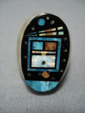 Striking Intricate! Native American Jewelry Navajo Turquoise Coral Kachina Sterling Silver Ring-Nativo Arts