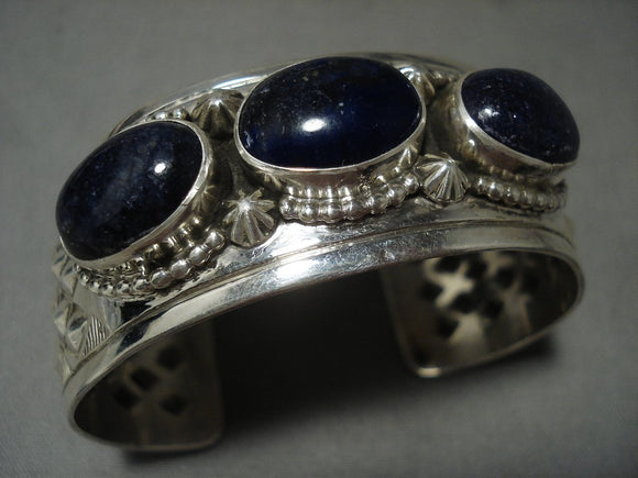 Striking Navajo 'Domed Lapis' Native American Jewelry Silver Shells Bracelet-Nativo Arts