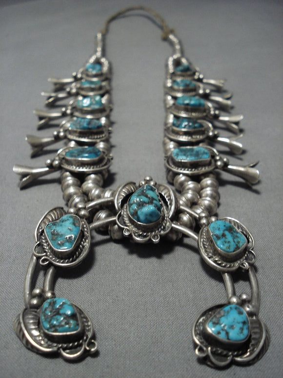 Striking Vintage Native American Jewelry Navajo Turquoise Sterling Silver Squash Blossom Necklace-Nativo Arts