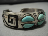 Striking Vintage Native American Navajo Duel Technique Turquoise Sterling Silver Bracelet Old-Nativo Arts