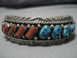 Striking Vintage Native American Navajo Rectangular Coral Turquoise Sterling Silver Bracelet Old-Nativo Arts