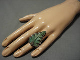 Striking Vintage Native American Navajo Running Water Royston Turquoise Leaf Stering Silver Ring-Nativo Arts