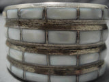Striking Vintage Native American Zuni Sterling Silver Mother Of Pearl Bracelet Old-Nativo Arts