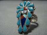 Striking Vintage Native American Zuni Turquoise Coral Kachina Sterling Silver Ring Old-Nativo Arts