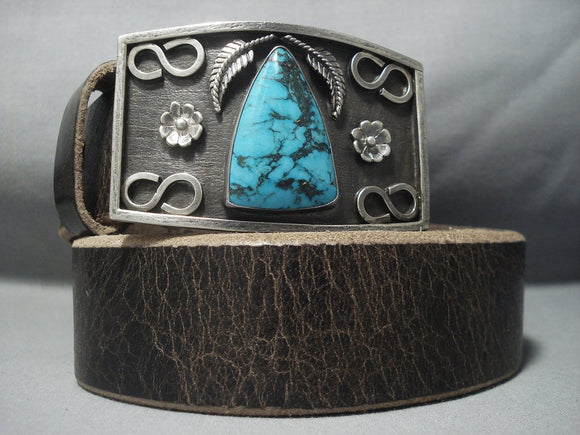 Striking Vintage Navajo Native American Jewelry jewelry Turquoise Sterling Silver Buckle- Heavy!!-Nativo Arts