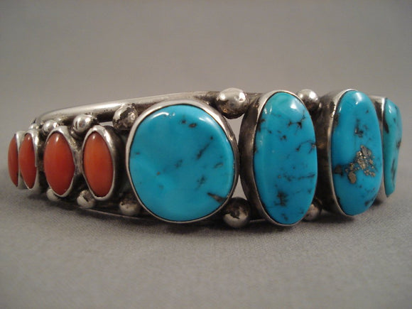 Striking Vintage Navajo Turquoise Coral Sterling Native American Jewelry Silver Bracelet Old Pawn-Nativo Arts