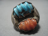 Striking Vintage Zuni Turquoise Coral Sterling Silver Native American Ring Old-Nativo Arts