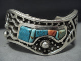 Stunning Native American Jewelry Navajo Sterling Silver Wavy Cuff Turquoise 106 Grams Bracelet-Nativo Arts