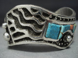Stunning Native American Jewelry Navajo Sterling Silver Wavy Cuff Turquoise 106 Grams Bracelet-Nativo Arts