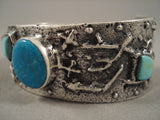 Stunning Navajo Turquoise Coral 'Native American Jewelry Silver Petroglyphs' Native American Jewelry Silver Bracelet-Nativo Arts