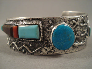 Stunning Navajo Turquoise Coral 'Native American Jewelry Silver Petroglyphs' Native American Jewelry Silver Bracelet-Nativo Arts