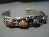 Stunning Vintage Native American Jewelry Navajo Bisbee Turquoise Coral Sterling Silver Bracelet-Nativo Arts