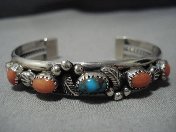 Stunning Vintage Native American Jewelry Navajo Bisbee Turquoise Coral Sterling Silver Bracelet-Nativo Arts