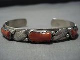 Stunning Vintage Native American Jewelry Navajo Coral Sterling Silver Leaf Bracelet Old-Nativo Arts