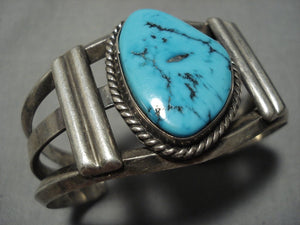 Stunning Vintage Native American Navajo Old Morenci Turquoise Sterling Silver Bracelet Old Cuff-Nativo Arts