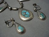 Stunning Vintage Native American Navajo Turquoise Inlay Sterling Silver Necklace Earrings Set-Nativo Arts