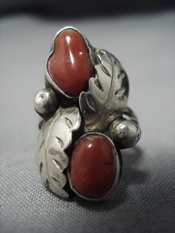 Stunning Vintage Navajo Coral Sterling Silver Native American Jewelry Ring Old-Nativo Arts
