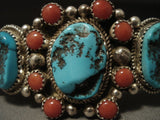 Stunning Vintage Navajo Persin Turquoise Coral Satellite Native American Jewelry Silver Bracelet Old-Nativo Arts