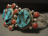 Stunning Vintage Navajo Persin Turquoise Coral Satellite Native American Jewelry Silver Bracelet Old-Nativo Arts