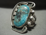 Stunning Vintage Navajo Turquoise And Leaf Native American Jewelry Silver Ring-Nativo Arts