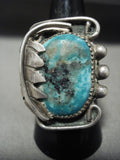 Stunning Vintage Navajo Turquoise And Leaf Native American Jewelry Silver Ring-Nativo Arts