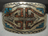 Stunning Vintage Navajo Turquoise Coral Geometric Native American Jewelry Silver Bracelet Old-Nativo Arts