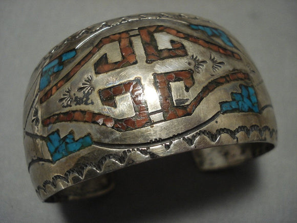 Stunning Vintage Navajo Turquoise Coral Geometric Native American Jewelry Silver Bracelet Old-Nativo Arts