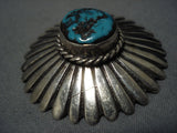 Sunbursting Silver Work Vintage Native American Navajo Old Morenci Turquoise Sterling Pin-Nativo Arts