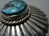 Sunbursting Silver Work Vintage Native American Navajo Old Morenci Turquoise Sterling Pin-Nativo Arts