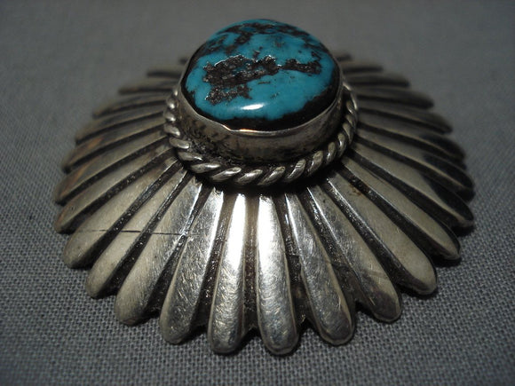 Sunbursting Silver Work Vintage Native American Navajo Old Morenci Turquoise Sterling Pin-Nativo Arts