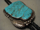 Super Huge Vintage Navajo Old Kingman/ #8 Turquoise Native American Jewelry Silver Bolo Tie-Nativo Arts